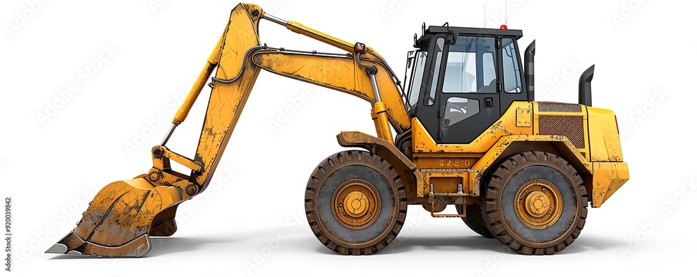 Compact backhoe loader with a tilting front bucket, isolated on white ...