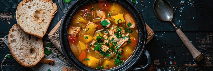 Canvas Print - Cassava Broth with Shredded Chicken in a Black Pot on a Rustic Background Accompanied by Bread Slices and a Spoon, with Selective Focus