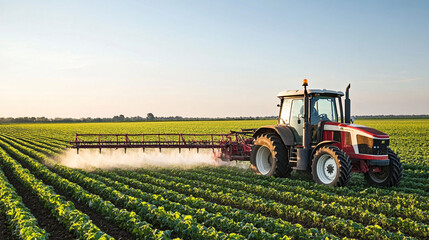 Farming tractor spraying plants in a field