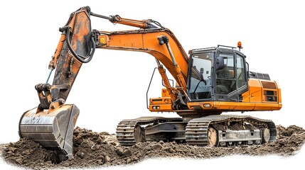 Small wheel excavator with a trenching bucket, isolated on white, showcasing digging capabilities, photo of wheel excavator isolated white background, trenching tool