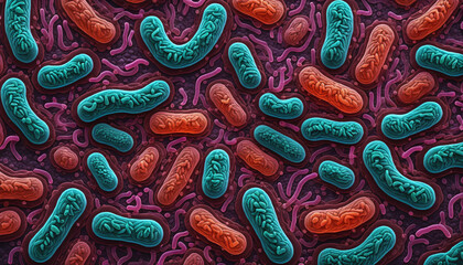 Illustrative color illustration of a microscopic close-up of a bacterial colony on an organic background