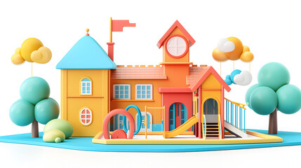 school building and playground 3d flat icon - a charming school building and playground concept, ide