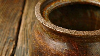 A smooth glossy glaze coats the inside of this clay pot creating a striking contrast to the rough unpolished exterior.