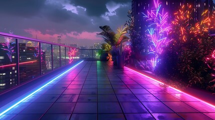 Neon Illuminated Urban Rooftop Pathway