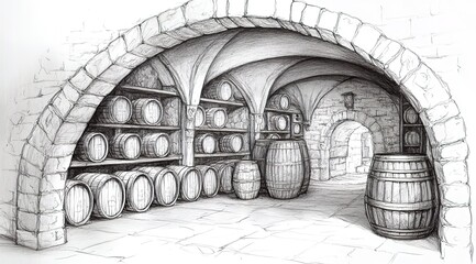 
a pencil sketch of an old medieval wine cellar with barrels on shelves