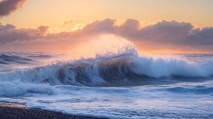 Canvas Print - Ocean Wave Crashing on Shore at Sunset - Photo