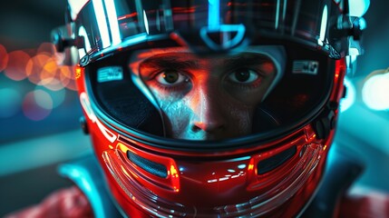 Focused Race Car Driver in Helmet