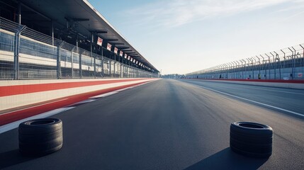 Wall Mural - Empty racetrack with tire barriers and safety fencing, ready for the next motorsport event.