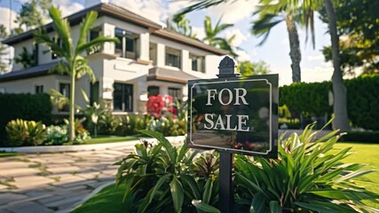 Poster - A charming house with a For Sale sign prominently displayed among vibrant greenery in a peaceful residential area.