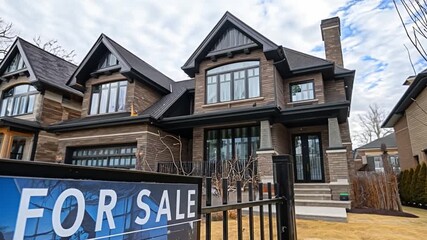 Poster - A contemporary house features expansive windows, a brick facade, and a For Sale sign positioned in front, showcasing its appealing curb appeal.