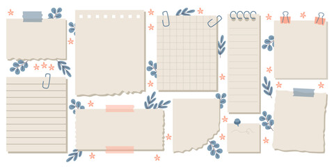 Sticker - Empty blank notepad paper pages with flowers bloom and leaves decoration isolated collection