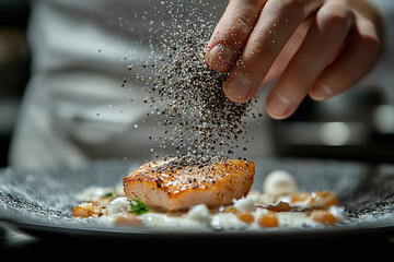 Close-up of a chef's hand sprinkling ground black pepper over a freshly cooked dish in a gourmet kitchen.