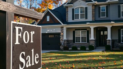 Poster - Modern house showcases a For Sale sign in a picturesque autumn setting with vibrant fall leaves surrounding the spacious yard.