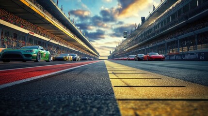 Wall Mural - Starting grid on a race track with cars lined up, ready for the race to begin, emphasizing anticipation.