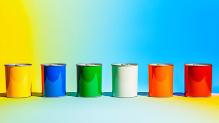 colorful paint cans row, on colorful fun background