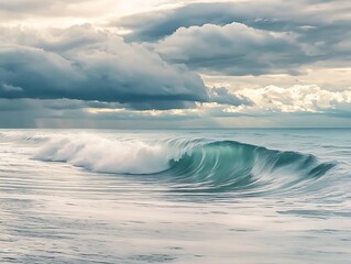 Wall Mural - Ocean Wave Breaking Under Cloudy Sky - Photo