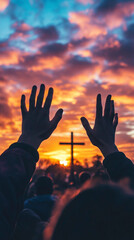 Wall Mural - Hands raised in worship in front of a cross at sunset