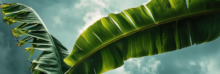 Canvas Print - Green banana leaf beneath an overcast sky