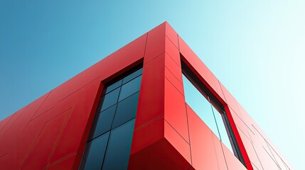 Wall Mural - A red building with a blue sky in the background. The building has a lot of windows and a corner