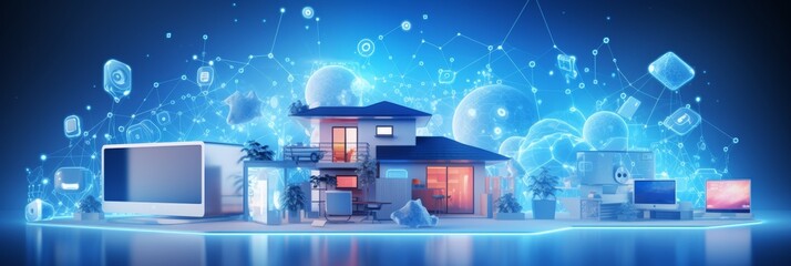 Internet of Things banner design, interconnected home devices, smart fridge to light bulbs