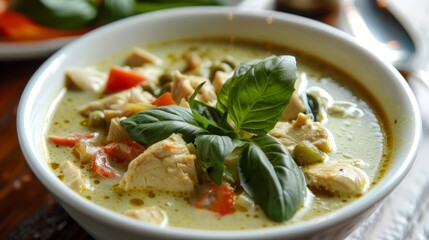 Wall Mural - Sampling the exotic flavors of Thai green curry, with tender chicken or tofu in a coconut milk base.