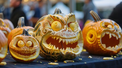 Show a creative pumpkin carving contest, with participants proudly displaying their intricately carved designs, ranging from scary to whimsical.