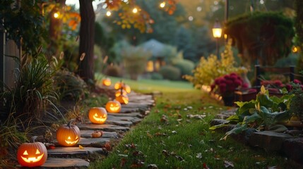 Poster - Show a peaceful autumn evening with a row of pumpkins glowing softly along a garden path, leading the way to a cozy Halloween gathering.