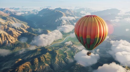 Sticker - Soar above the clouds in a 3D hot air balloon ride, capturing panoramic views of majestic mountains, sprawling landscapes, and the gentle curves of rivers.