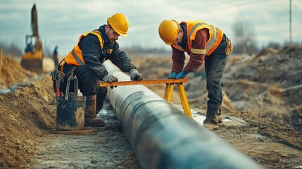 Two men are working on a pipe, one of them is wearing a yellow vest. The scene is set in a construction site