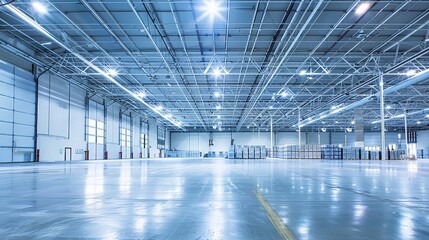 Poster - The interior of a brightly lit warehouse with skylights and energy-efficient lighting. The focus on sustainability and natural light improves the working environment and reduces energy costs.