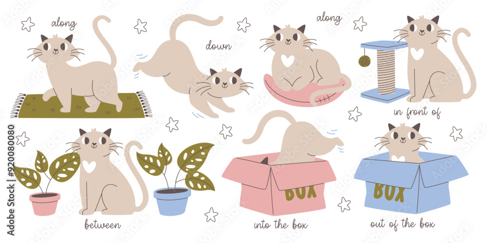 Cute cats preposition of direction with different objects examples set ...