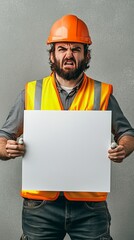 Wall Mural - Front close view of angry male construction worker in warning vest with safety helmet and holding blank on gray wall