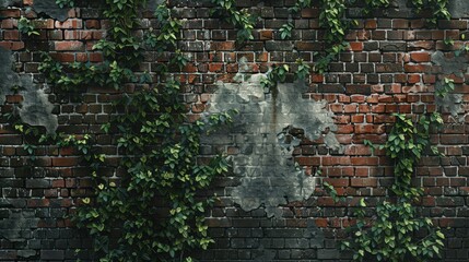 A crumbling brick wall with ivy creeping over it and a small bird nest visible.