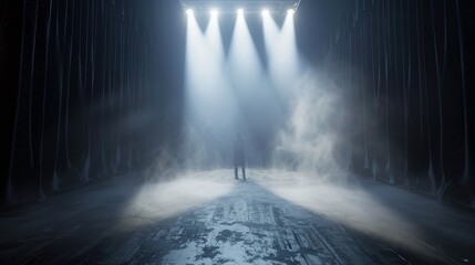 A foggy stage under a spotlight with faint shadows, add a ghostly figure in the background.