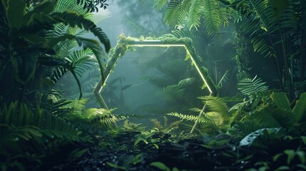 Poster - A glowing hexagon frame amidst dense jungle foliage and scattered ferns.