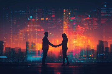 A man and woman are shaking hands in front of a city skyline. The image has a futuristic and urban feel to it