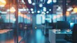 © Gefo - Blurred indoor scene of a modern workspace with futuristic cubicles and floating holographic displays.