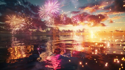 Wall Mural - Spectacular display of fireworks in the sky, illuminating a tranquil ocean with reflections.