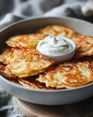 Wall Mural - Potato pancakes traditional homemade fried vegetable food recipe. Healthy organic vegan food