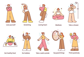 Wall Mural - a collection of various ways to maintain a healthy mentality with a positive mind. outline simple ve