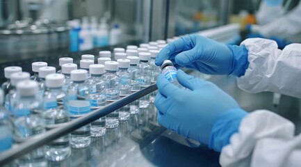 A medical professional in protective gear handles vaccine vials in a hightech pharmaceutical factory, showcasing the meticulous processes involved in ensuring vaccine safety and efficacy