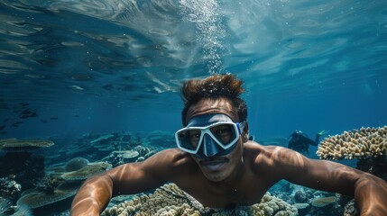 Wall Mural - Underwater View of a Man Snorkeling in a Coral Reef