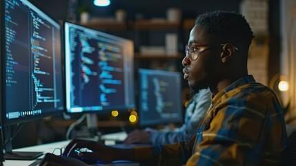 A focused programmer with glasses working late at night in an office.