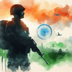 illustration of indian soldiers with indian flag background in watercolor style celebrating independence day