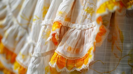 The intricately pleated bottom hem of a retroinspired apron made from vintage fabric and adorned with scalloped lace trim and contrasting bright yellow stitching.