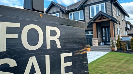 Poster - A modern house is offered for sale in a suburban area featuring a well-kept lawn and attractive architectural details under a bright sky.
