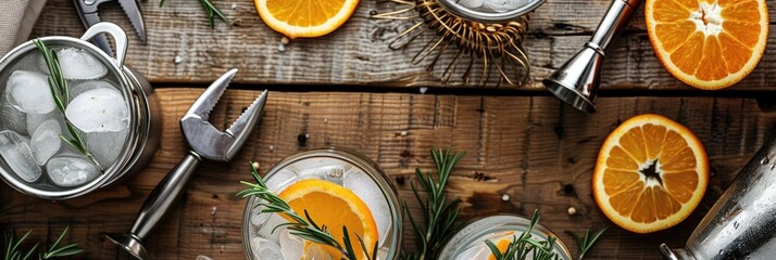 Wall Mural - Hard seltzer cocktail with orange rosemary and bar tools