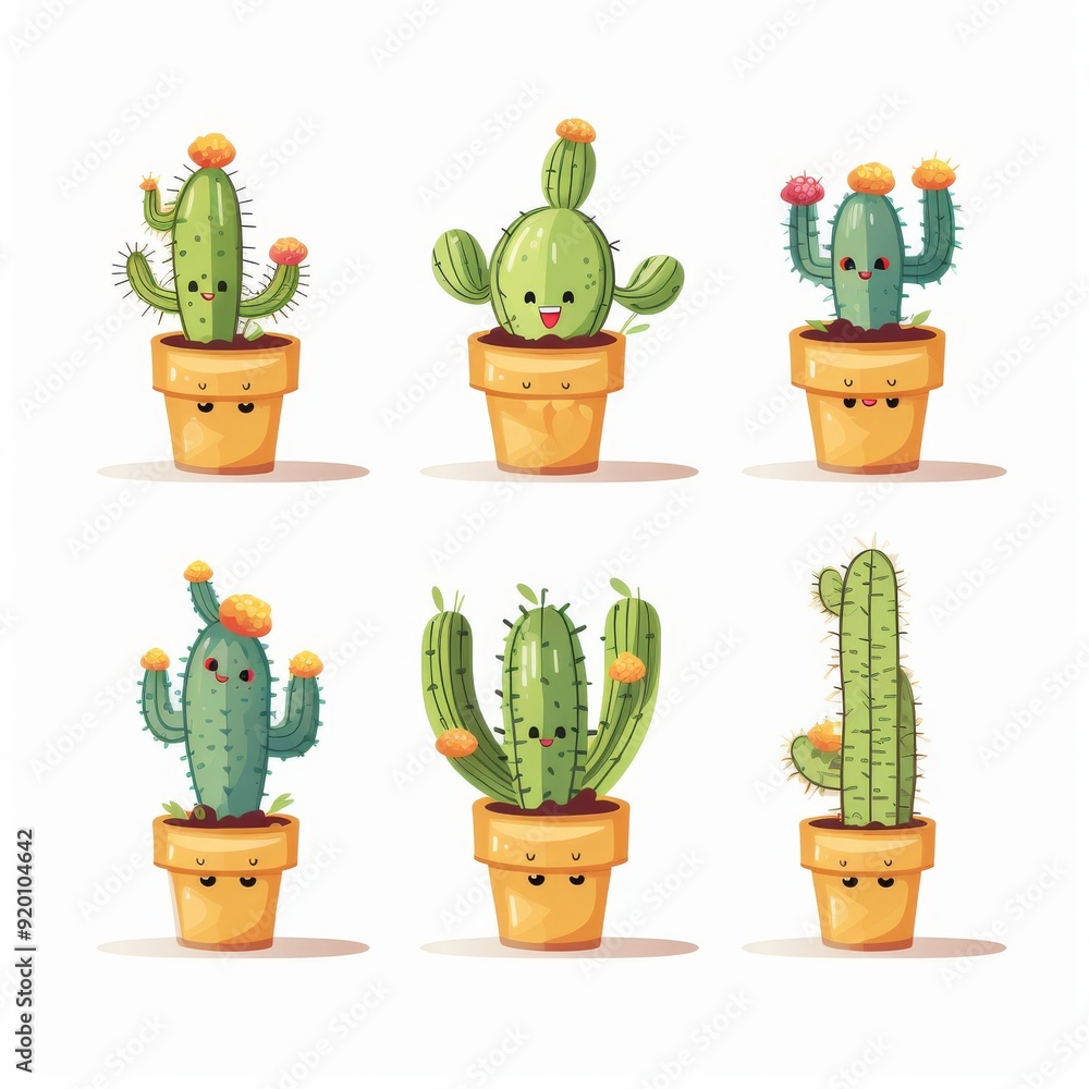 Cartoon Cactus Illustrations in Pots with Cute Faces - Fun and Adorable ...