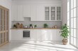 © Only AI Studio - Modern kitchen interior with white cabinetry, wooden countertop, and indoor plants, filled with natural light and a fresh ambiance.