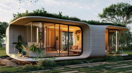 Canvas Print - Write about the sustainable features of a 3D-printed house. Describe recycled materials, energy-efficient designs, and how additive manufacturing reduces construction waste and environmental impact.